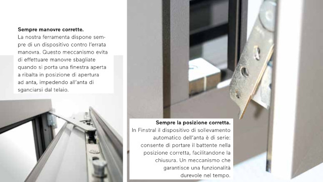 Immagine di catalogo della ferramenta interna all’anta di una finestra, che evidenzia un dispositivo meccanico in grado di bloccare l’errata apertura dell’anta
