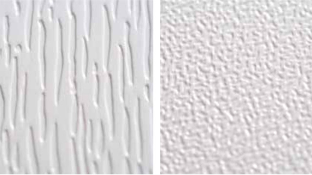 Immagine di catalogo di superfici in PVC: a sinstra l’immagine di una superficie goffrata (con linee irregolari in rilievo), a destra l’immagine di una superficie satinata (con puntinature irregolari in rilievo)