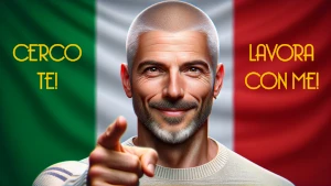 Primo piano di un uomo di mezz'età con l'indice puntato verso l'osservatore. Sullo sfondo, la bandiera italiana. Le scritte "Cerco te!" e "Lavora con me!"