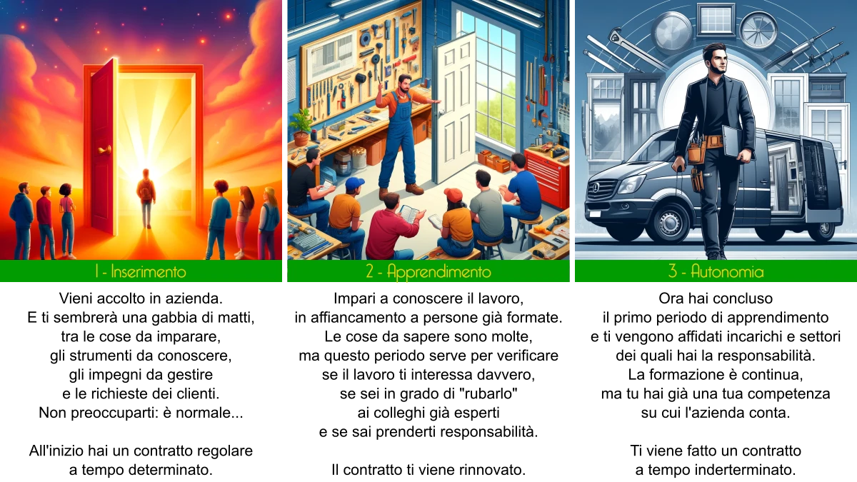 Il tuo percorso è chiaro: dovrai imparare a gestire da te il tuo lavoro Infografica con i tre momenti fondamentali dell'inserimento in azienda: inserimento, apprendistato ed autonomia