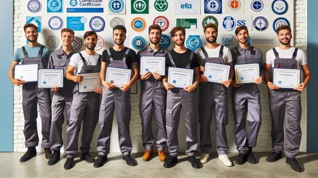 Vedi l'errore enorme di questa immagine? Foto di gruppo di giovani operai che mostrano le loro certificazioni. C'è un errore madornale!