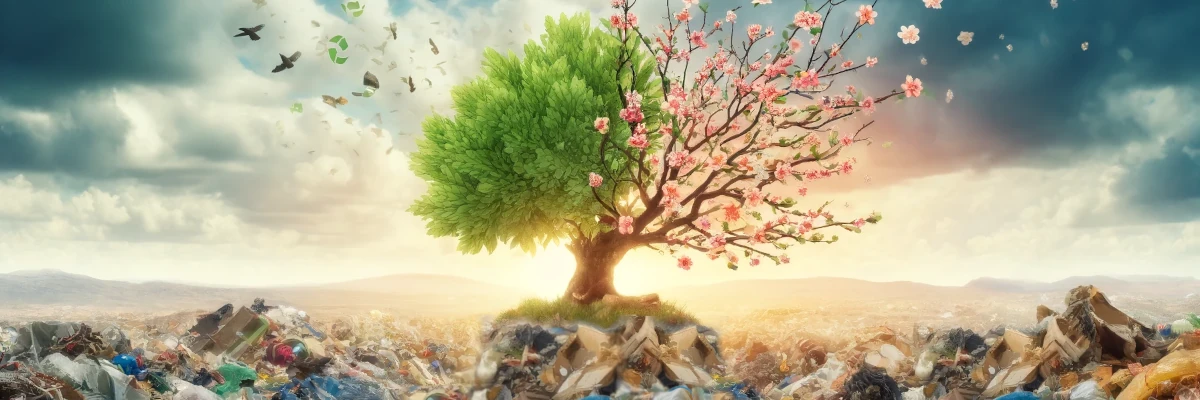 Il riciclo è il primo elemento per una società sostenibile Un albero fiorito sorge da una discarica di rifiuti: il riciclo è il primo elemento per una società sostenibile
