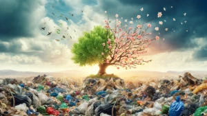 Un albero fiorito sorge da una discarica di rifiuti: il riciclo è il primo elemento per una società sostenibile