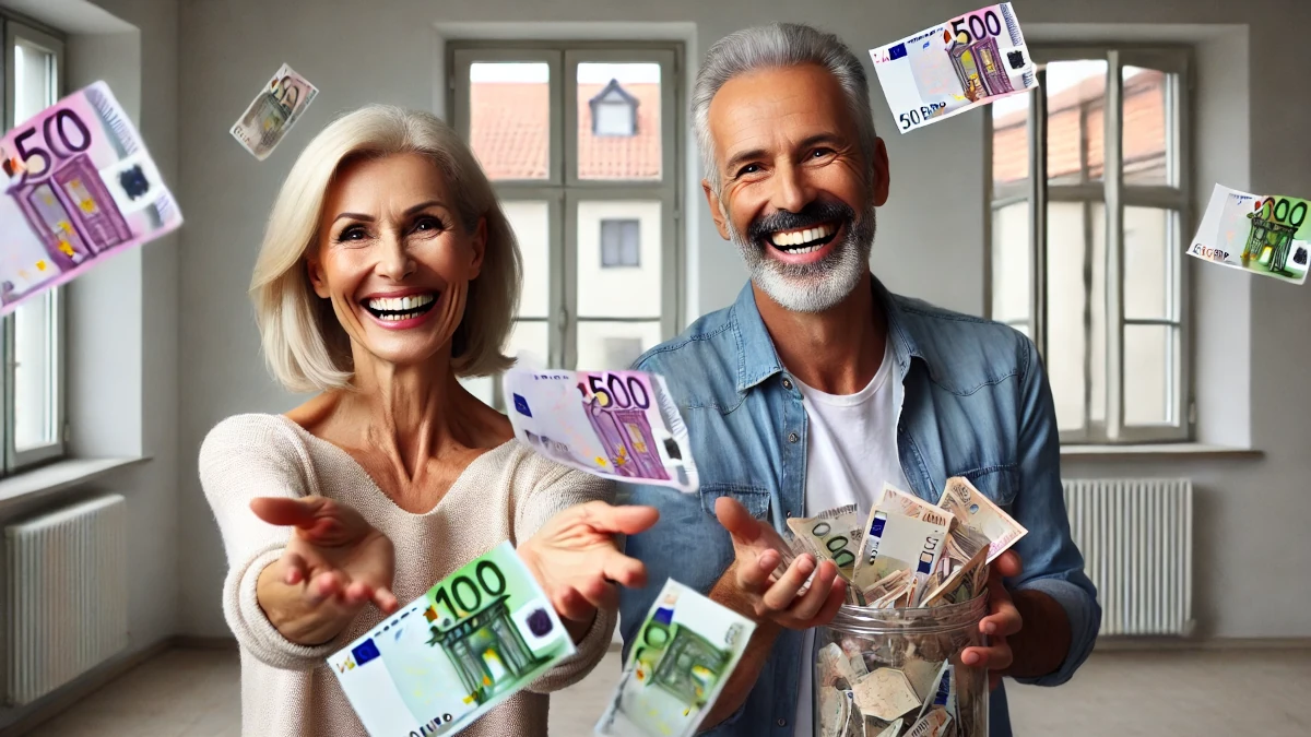 A volte sembra che sia il buttare i soldi a dare soddisfazione, non il fare gli aquisti giusti Coppia di coniugi cinquantenni che gettano via banconote da 50 e 100 euro. A volte sembra che sia il buttare i soldi a dare soddisfazione, non il fare gli aquisti giusti