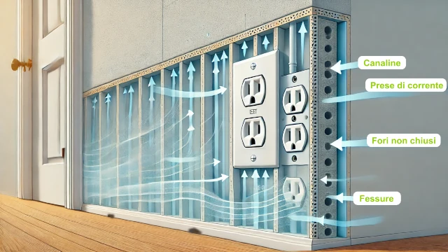 L'aria e i rumori passano anche dai posti impensabili Raffigurazione fantasione dei punti di passaggio dell'aria, tra battiscopa e prese elettriche. L'aria e i rumori passano anche dai posti impensabili