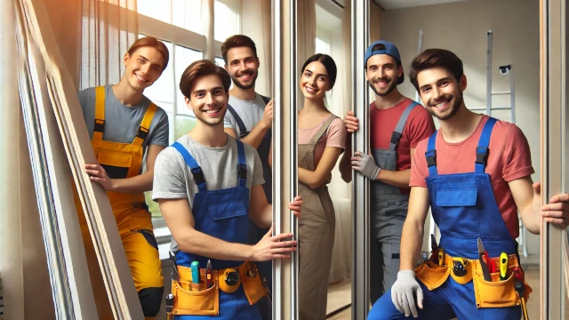 Solo personale formato appositamente può garantire una tenuta perfetta del serramento Sei giovani serramentisti montano i serramenti. Solo personale formato appositamente può garantire una tenuta perfetta del serramento