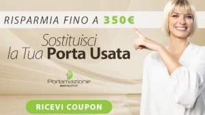 Pubblicità di Portamazione 2025: una ragazza invita a sostituire la porta usata e a scaricare il coupon. Le tue vecchie porte non vanno buttate via: puoi rottamarle e acquistare le nuove con uno sconto fantastico!
