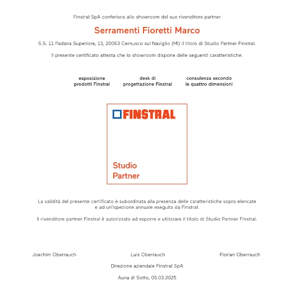 Il certificato Studio Partner Finstral Il certificato Studio Partner Finstral