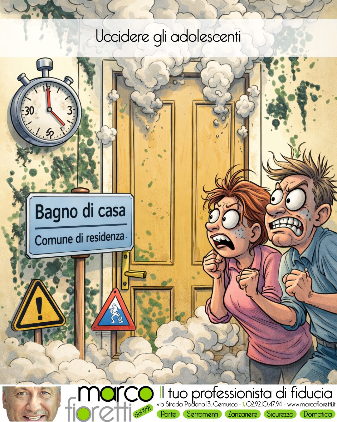 Genitori esasperati davanti al bagno pieno di vapore e muffa Genitori esasperati davanti al bagno pieno di vapore e muffa