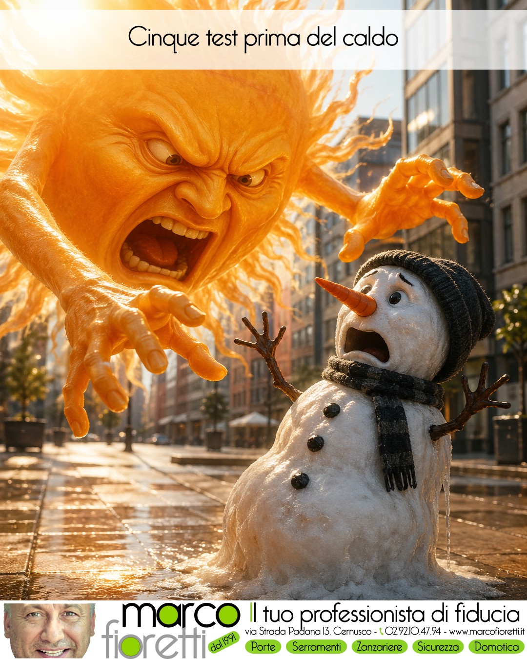 Pupazzo di neve spaventato dal caldo estremo rappresentato come un sole feroce.