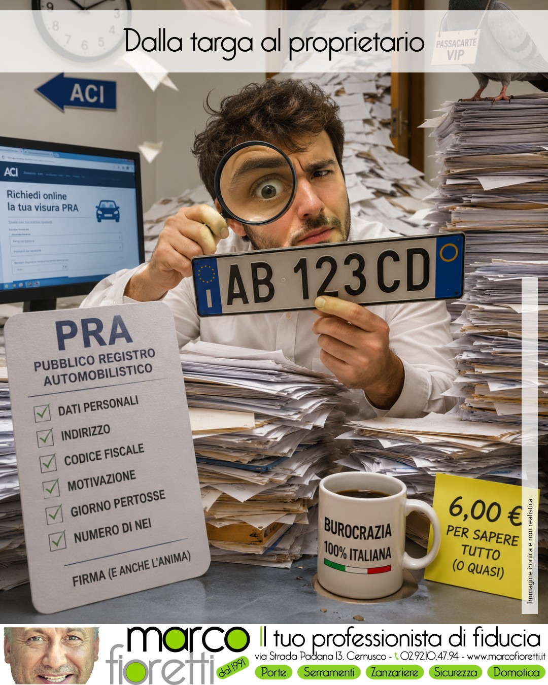 Puoi risalire al proprietario senza specificare il motivo Scena ironica su visura PRA: targa, scartoffie, ACI e moduli in un ufficio caotico.