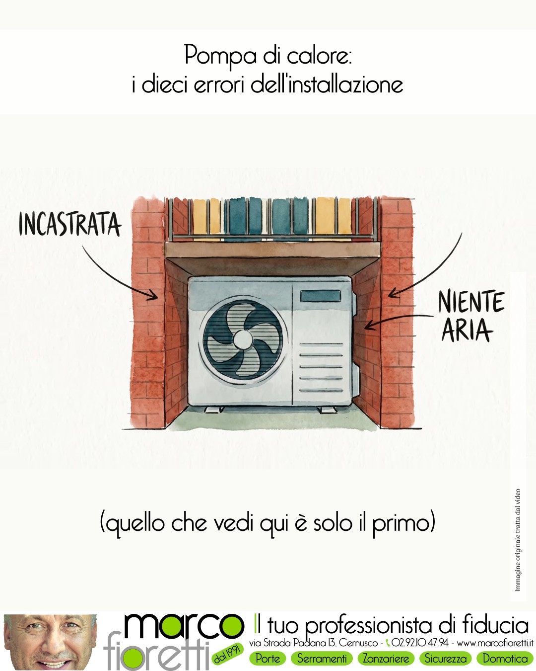 Illustrazione di un errore d’installazione: unità esterna della pompa di calore senza aria.