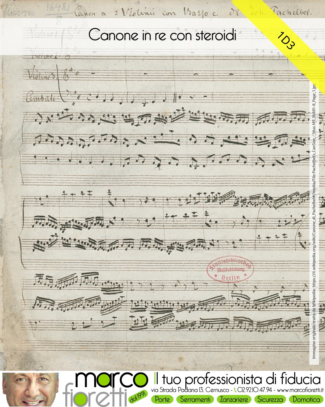 Canone in re di Pachelbel: prima pagina dello spartito
